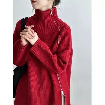 DIMANAF 2024 Осень Женские Свитера На Молнии Женские Пуловеры Топы Женские Водолазки Трикотажные Базовые Однотонные Футболки Красные Свитера One Size чёрный