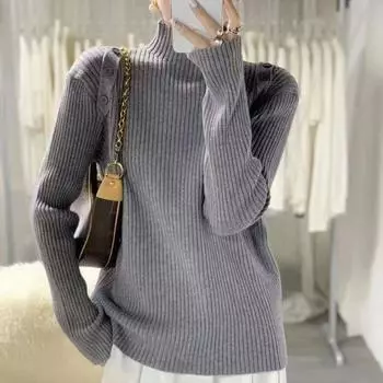 DIMANAF 2024 Осень Женские свитера Пуговицы Пуловеры Топы Женская Одежда Водолазка Трикотажные Базовые Однотонные Футболки Рубашка