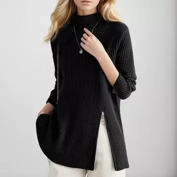 DIMANAF 2024 Осень Женские свитера Пуловеры на молнии Топы Женские водолазки Трикотажные базовые однотонные футболки Рубашка Свитер One Size чёрный