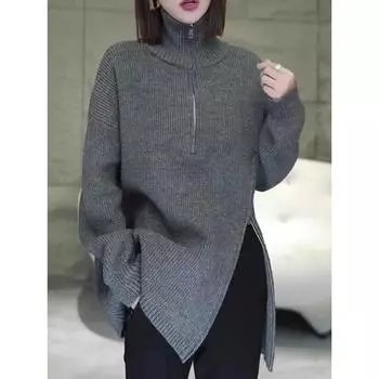 DIMANAF 2024 Осень Женские свитера Пуловеры на молнии Топы Женские водолазки Трикотажные базовые однотонные футболки Серые свитера One Size серый