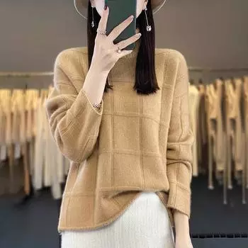 DIMANAF 2024 Осень Женские свитера Пуловеры С Высоким Воротником Клетчатые Топы Трикотажные Базовые Однотонные Футболки Рубашка Свитер One Size дубильная кора