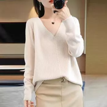 DIMANAF 2024 Осень Женские свитера V-образный вырез Пуловеры Топы Женские молнии Трикотажные Базовые однотонные футболки Рубашка
