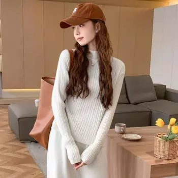 DIMANAF 2024 Осень Женские свитера Зимние пуловеры Топы Женские O-образные вырезы Трикотажные Базовые однотонные футболки Рубашка One Size белый