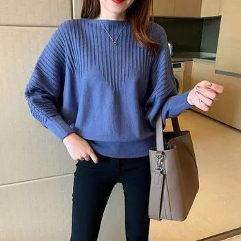 DIMANAF 2024 Осень Женские Топы Базовые Свитера Летучая Мышь Пуловер Женский Полосатый O-образный Вырез Вязаный Однотонный Свитер