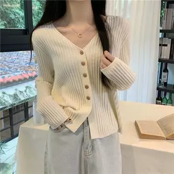 DIMANAF 2024 Осень Женский Базовый Кардиган Свитера Тонкие Топы Женский V-образный Вырез Вязаный Однотонный Свитер
