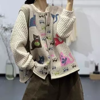 DIMANAF 2024 Осень Женский Безрукавный Жилет Пуговицы Принт Свитера Вязание Повседневный Стиль Свободный Свитер One size бежевый