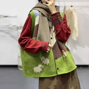 DIMANAF 2024 Осень Женский Безрукавный Жилет Пуговицы Принт Свитера Вязание Повседневный Стиль Свободный Свитер One size зелёный