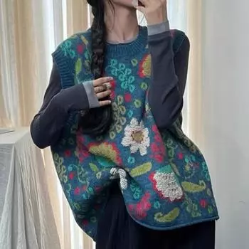 DIMANAF 2024 Осень Женский Безрукавный Жилет Свитера Вязание Плюс Размер Повседневный Стиль Синий Свободный Свитер One size синий