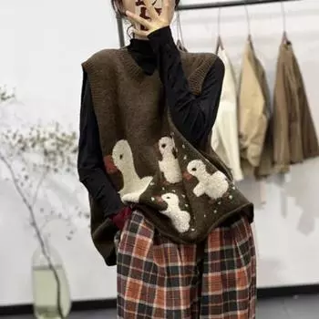 DIMANAF 2024 Осень Женский Безрукавный Жилет Свитера Вязание Плюс Размер Повседневный Стиль Свободный Свитер One size коричневый