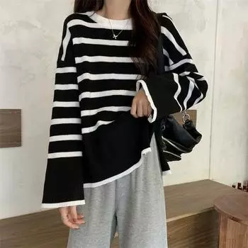 DIMANAF 2024 Осень Женский Пуловер Свитер Вязание Полоски Базовая Мода Длинный Рукав Свободный Повседневный Черный One Size чёрный