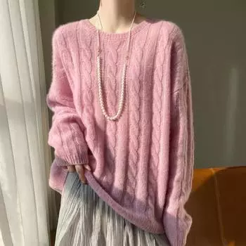 DIMANAF 2024 Осень Женский Пуловер Свитер Вязание Твердый Базовый Модный Длинный Рукав Свободный Повседневный One Size розовый