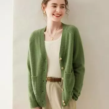DIMANAF 2024 Осень Женский Свитер Вязание Базовый Модный Однотонный Кардиган Длинный Рукав Свободный Повседневный Зеленый Пальто