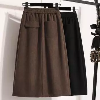 DIMANAF 2024 Осень Зима Большой Размер Длинные Женские Юбки Однотонные А-силуэта Оверсайз Леди Элегантные С высокой Посадкой С разрезом Юбки M чёрный