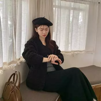 DIMANAF 2024 Осень Зима Плюс Размер Женские Однотонные Куртки Винтажный Кардиган Пуговица Верхняя Одежда Повседневные Длинные Рукава Свободные Топы L чёрный