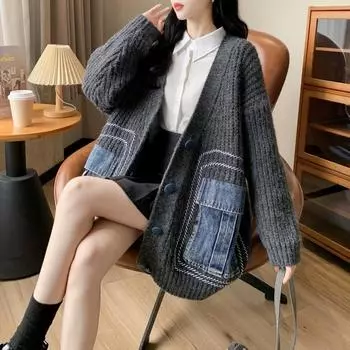 DIMANAF 2024 Осеннее пальто Женская куртка свитера джинсовая О-образная горловина пэчворк вязание базовый синий модный свободный свитер One Size серый