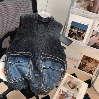 DIMANAF 2024 Осеннее пальто Женское безрукавное пальто Жилет Свитеры Джинсовый V-образный вырез Лоскутное вязание Базовый синий свободный свитер One Size серый