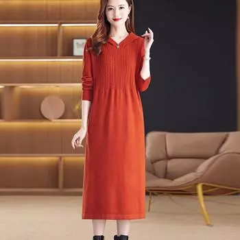 DIMANAF 2024 Осеннее платье Женское вязаное свитер Свободное повседневное полосатое осеннее элегантное длинное платье макси зеленое One Size оранжевый