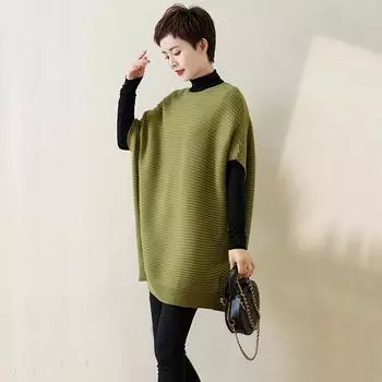 DIMANAF 2024 Осенние свитера Жилеты Женские Полосатые Принты Однотонные Летучие Мыши Без Рукавов Свитера Вязание Свободный Свитер One Size синий