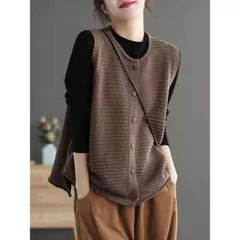 DIMANAF 2024 Осенние свитера Жилеты Женские Полосатые Принты Однотонные Безрукавки Свитера Вязание Свободный Свитер One Size коричневый