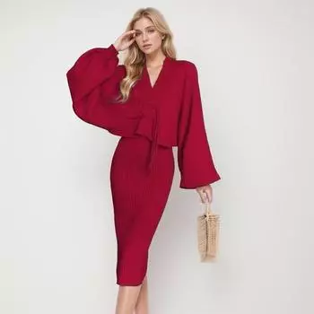 DIMANAF 2024, осенний комплект из двух предметов, платье, женский однотонный вязаный модный повседневный стиль, свободный свитер