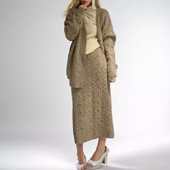 DIMANAF 2024, осенний комплект из двух предметов с юбкой, платье-свитер, женский однотонный вязаный модный повседневный стиль, свободный свитер