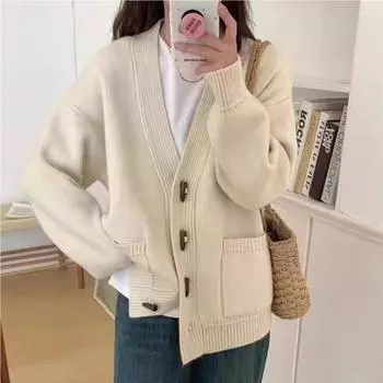 Dimanaf 2024 Осенний свитер, кардиган, стильный зимний женский свитер с принтом, однотонная куртка, вязаный свободный свитер