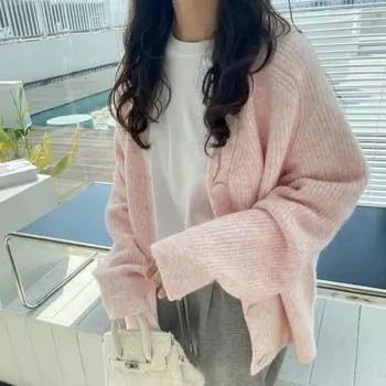 DIMANAF 2024 Осенний женский свитер Вязание Базовый модный кардиган с длинным рукавом Свободное повседневное розовое пальто One Size розовый