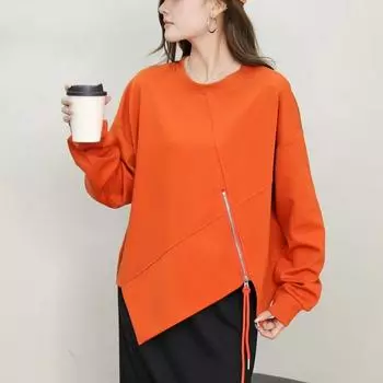 DIMANAF 2024 Осенняя футболка Однотонная эластичная футболка Женская однотонная футболка с длинным рукавом на молнии Свободные топы Футболки One Size белый