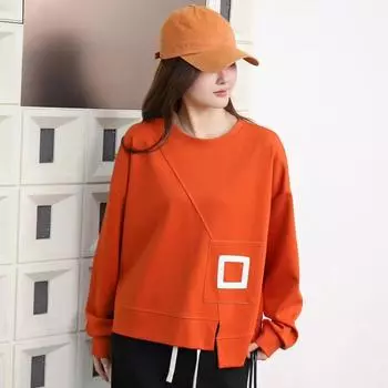 Dimanaf 2024 Осенняя футболка Однотонная эластичная футболка Сплайсированная женская принтованная однотонная футболка с длинным рукавом Свободные топы Футболки One Size чёрный