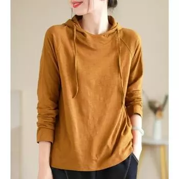 DIMANAF 2024, осенняя однотонная футболка с капюшоном больших размеров, женская футболка с высоким воротником, асимметричные однотонные свободные топы с длинными рукавами, футболки