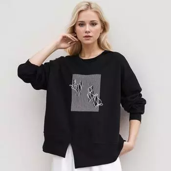 DIMANAF 2024 Осенняя толстовка с капюшоном Женская асимметричная печать Полный рукав Свободный белый пуловер One Size чёрный