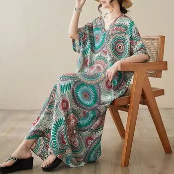 DIMANAF 2024 платье больших размеров женский летний сарафан с v-образным вырезом льняной богемный свободный зеленое платье макси с цветочным принтом большого размера