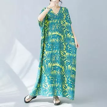 DIMANAF 2024 платье больших размеров женская одежда летний сарафан с v-образным вырезом богемный цветочный принт элегантное женское свободное платье макси больших размеров One Size зелёный