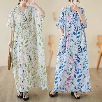 DIMANAF 2024 платье больших размеров женский летний сарафан с v-образным вырезом льняной богемный цветочный принт свободное большое синее зеленое длинное платье оверсайз