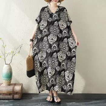 DIMANAF 2024 платье больших размеров женский летний сарафан с v-образным вырезом богемный свободный макси-платье большого размера с цветочным принтом 5496 One Size чёрный