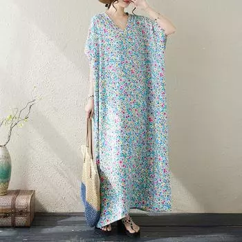 DIMANAF 2024 платье больших размеров женское летнее платье с v-образным вырезом богемный свободный макси-платье большого размера с цветочным принтом 5501
