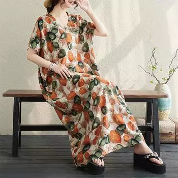 DIMANAF 2024 платье больших размеров женское летнее платье с v-образным вырезом богемный свободный макси-платье большого размера с цветочным принтом 727 One Size