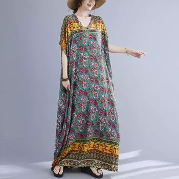 DIMANAF 2024 платье больших размеров женское летнее платье с v-образным вырезом богемный свободный макси-платье большого размера с цветочным принтом 5130 One Size белый