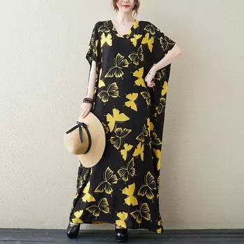 DIMANAF 2024 платье больших размеров женский летний сарафан с v-образным вырезом богемный свободный макси-платье большого размера с цветочным принтом 5192 One Size