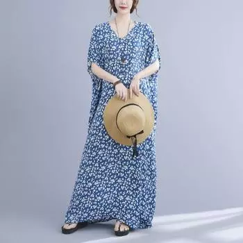 DIMANAF 2024 платье больших размеров женское летнее платье с v-образным вырезом богемный свободный макси-платье большого размера с цветочным принтом 5112 One Size