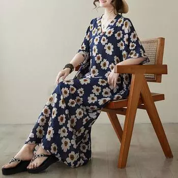 DIMANAF 2024 платье больших размеров женский летний сарафан с v-образным вырезом богемный свободный макси-платье большого размера с цветочным принтом 9048