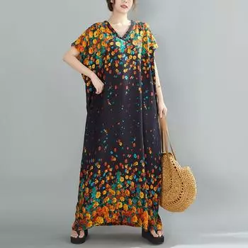 DIMANAF 2024 платье больших размеров женское летнее платье с v-образным вырезом богемный свободный макси-платье большого размера с цветочным принтом 9390