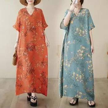 DIMANAF 2024 платье больших размеров женское летнее платье с v-образным вырезом богемный свободный макси-платье с цветочным принтом большого размера 9042