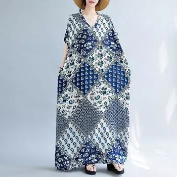 DIMANAF 2024 платье больших размеров женский летний сарафан с v-образным вырезом богемный свободный макси-платье большого размера с цветочным принтом 5462 One Size