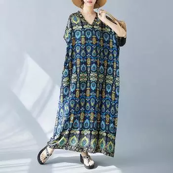 DIMANAF 2024 платье больших размеров женский летний сарафан с v-образным вырезом богемный свободный макси-платье большого размера с цветочным принтом 5484 One Size синий