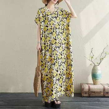 DIMANAF 2024 Платье больших размеров Женское летнее платье с v-образным вырезом Сарафан в богемном стиле с цветочным принтом Свободное платье макси большого размера 723 One Size