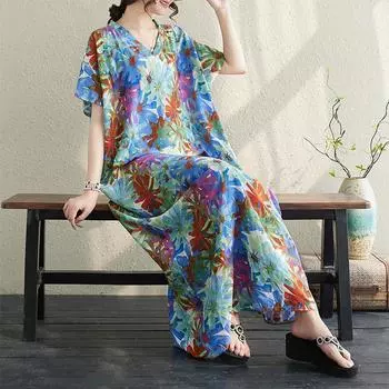 DIMANAF 2024 платье больших размеров женское летнее платье с v-образным вырезом богемный свободный макси-платье большого размера с цветочным принтом 719 One Size