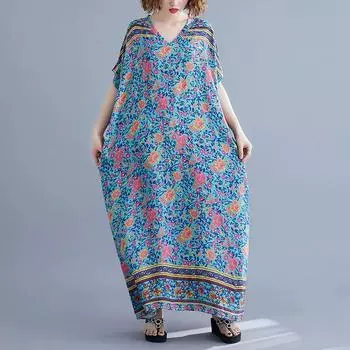 DIMANAF 2024 платье больших размеров женское летнее платье с v-образным вырезом богемный свободный макси-платье большого размера с цветочным принтом 8653 One Size синий