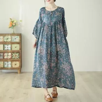 DIMANAF 2024 платье больших размеров женское летнее хлопковое платье с круглым вырезом винтажное свободное платье макси с цветочным принтом большого размера