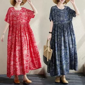 DIMANAF 2024 платье больших размеров, женское летнее платье с круглым вырезом, богемный свободный макси-платье большого размера с цветочным принтом 9017